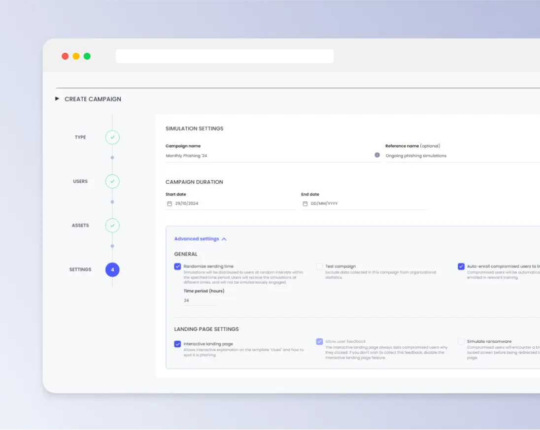 OutThink AI-powered phishing simulator campaign creation settings showing targeted simulations options for compromised users.